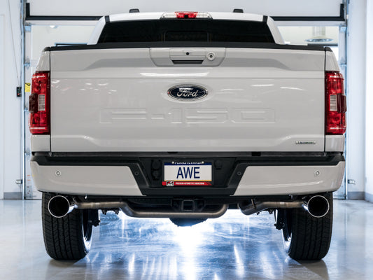 AWE 0FG 21+ Ford F150 Dual Split Rear Exhaust - 5in Chrome Silver Tips - Precision R