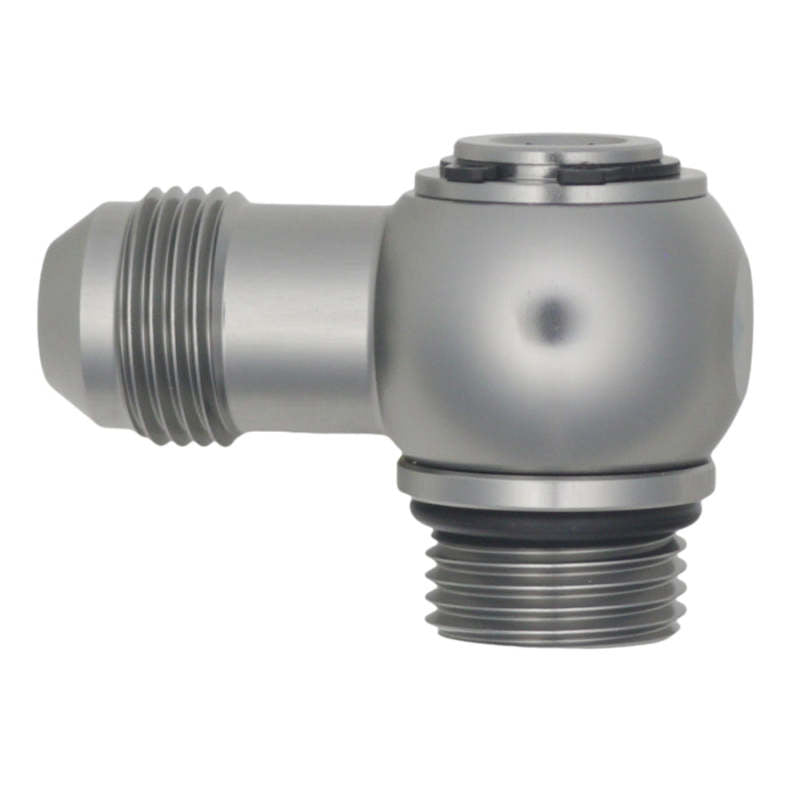 DeatschWerks 8AN ORB Male to 8AN Male Flare Low Profile 90-Degree Swivel - Anodized DW Titanium