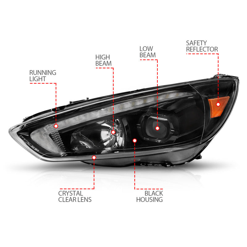 ANZO 15-18 Ford Focus Projector Headlights - w/ Light Bar Switchback Black Housing