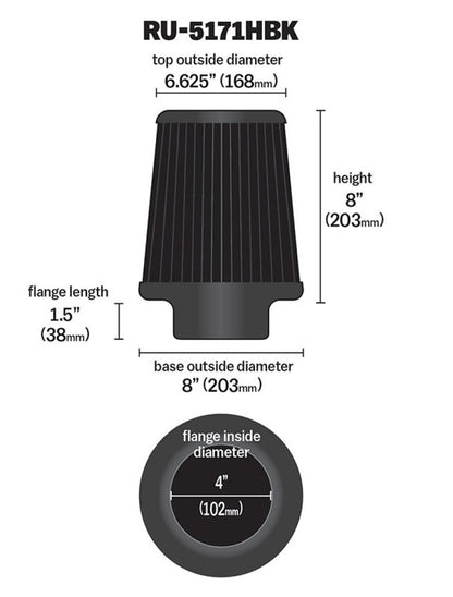 K&N Universal Rubber Filter-Round Tapered 4in Flange ID x 8in Base OD x 6.625in Top OD x 8in H