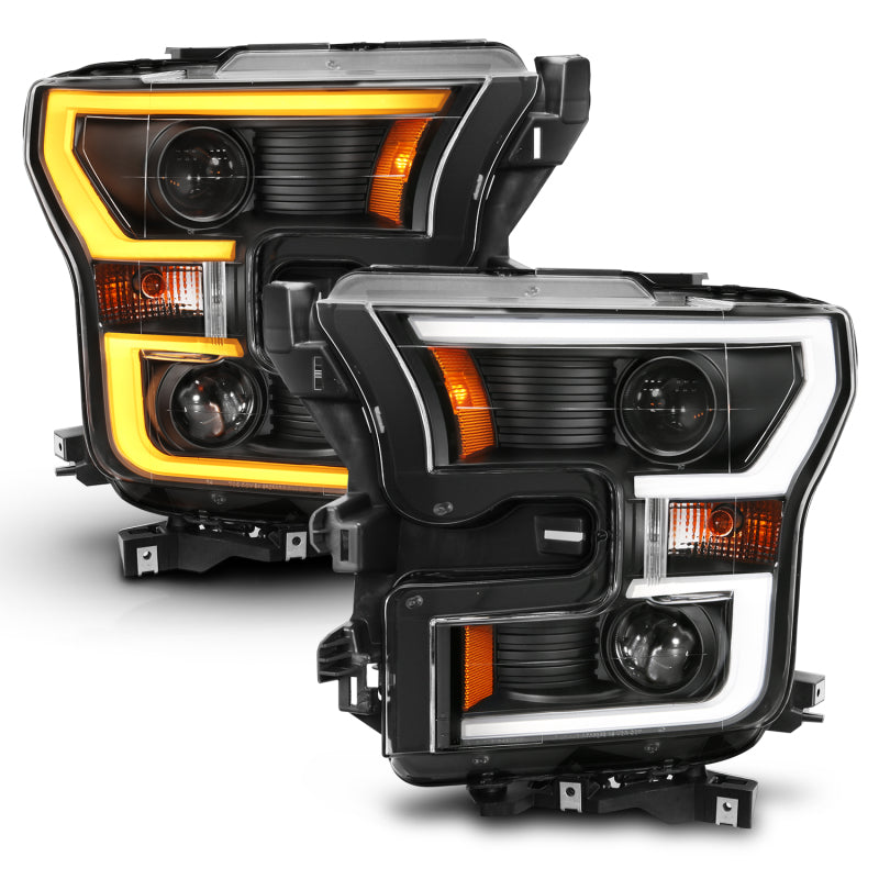 ANZO 2015-2017 Ford F-150 Projector Headlights w/ Plank Style Switchback Black w/ Amber