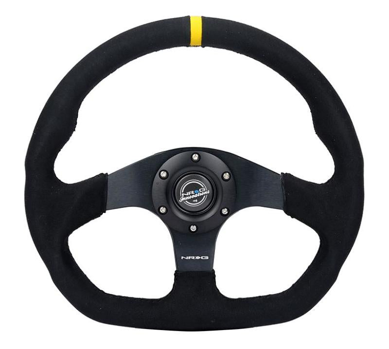 NRG Reinforced Steering Wheel (320mm) Sport Alcantara Dual Push Buttons Flat Bottom w/Yellow Center