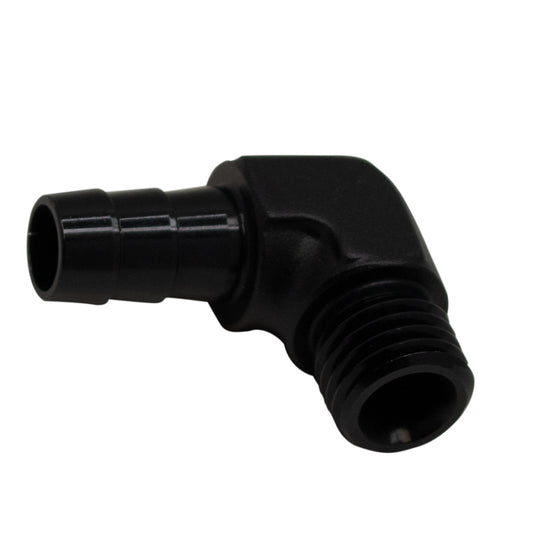 DeatschWerks Metric M12 to 3/8in Hose Barb 90-Degree Fitting w/ Venturi Port - Anodized Matte Black