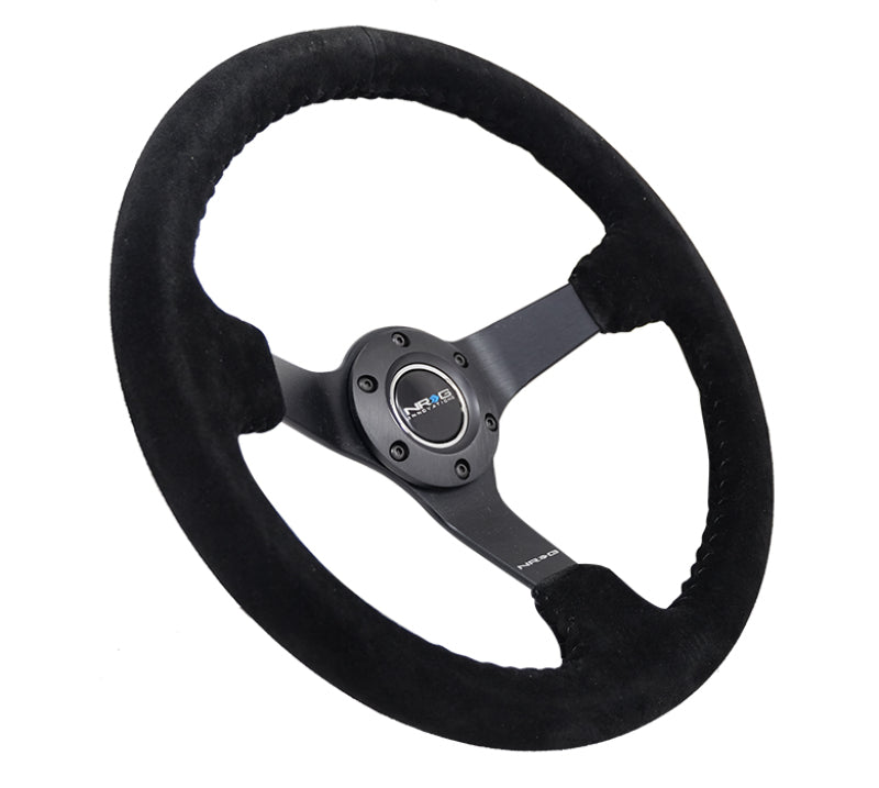 NRG Reinforced Steering Wheel (350mm / 3in. Deep) Blk Suede/Blk Bball Stitch w/5mm Matte Black Spoke