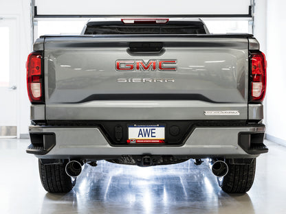 AWE Tuning 4th Gen GM 1500 5.3L 0FG Catback Split Rear Exit (Flat Bumper) - Quad Chrome Tips - Precision R