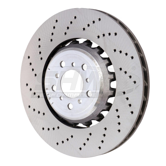 SHW 13-16 BMW M5 4.4L Left Front Cross-Drilled Lightweight Brake Rotor (34112284101)