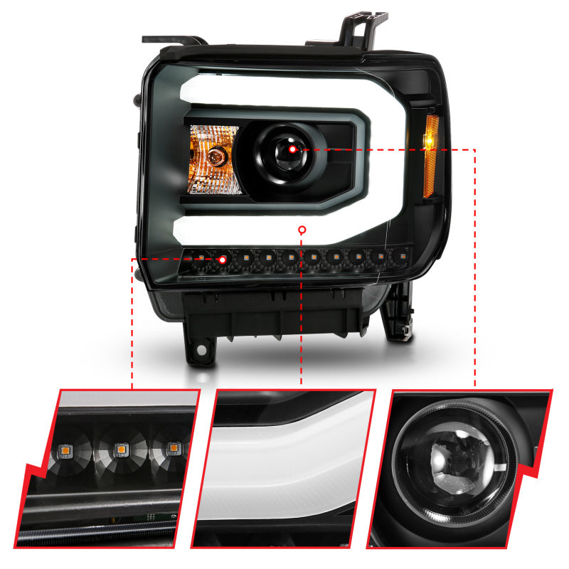 ANZO 2014-2015 GMC Sierra 1500 Projector Headlights w/ Light Bar Black Housing (Halogen Type)