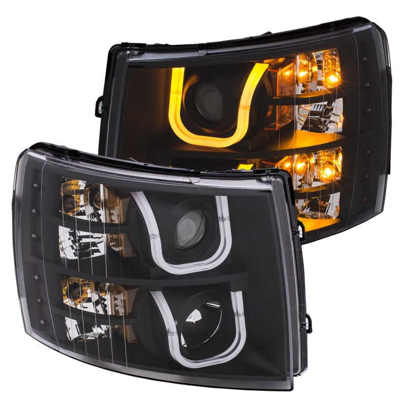 ANZO 2007-2013 Chevrolet Silverado 1500/2500 Projector Headlights w/ U-Bar Switchback Black w/ Amber