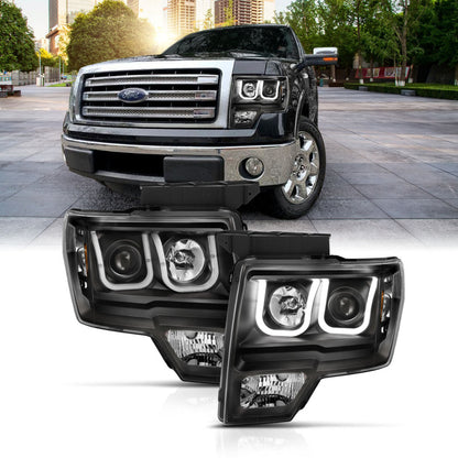 ANZO 2009-2014 Ford F-150 Projector Headlights w/ U-Bar Switchback Black w/ Amber