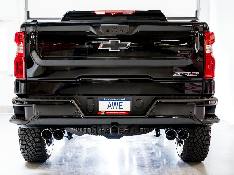 AWE Tuning 22-23 GMC Sierra 1500 AT4X 6.2L 0FG Catback Split Dual (Flat Bumper) - Chrome Silver Tips - Precision R