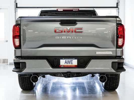 AWE Tuning 4th Gen GM 1500 5.3L 0FG Catback Split Rear Exit (Flat Bumper) - Quad Chrome Tips - Precision R