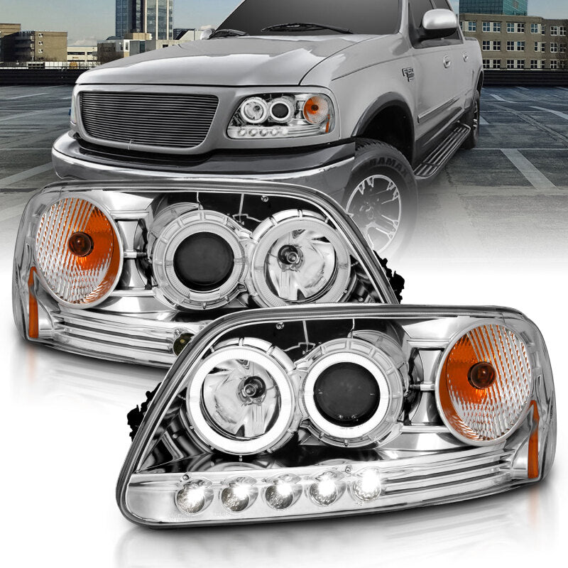 ANZO 1997.5-2003 Ford F-150 Projector Headlights w/ Halo and LED Chrome 1pc