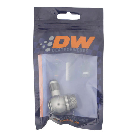 DeatschWerks 8AN ORB Male to 6AN Male Flare Low Profile 90-Degree Swivel - Anodized DW Titanium