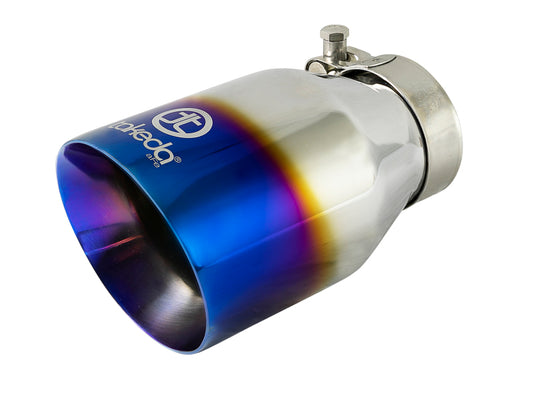 aFe Takeda 304 Stainless Steel Clamp-On Exhaust Tip 2.5in Inlet / 4in Outlet - Blue Flame Precision R