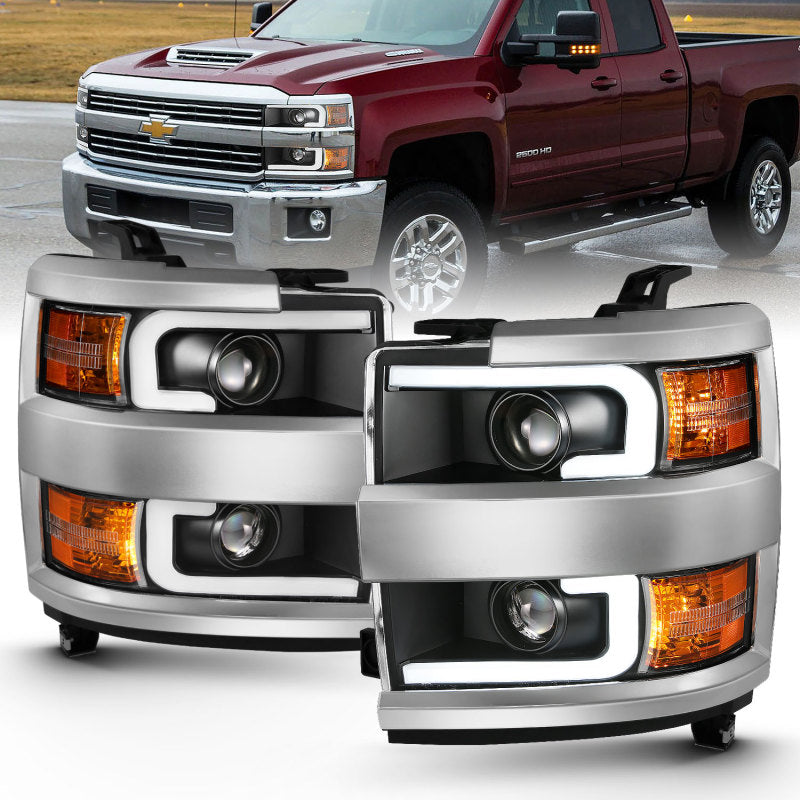 ANZO 2015-2016 Chevrolet Silverado Projector Headlights w/ Plank Style Design Black w/ Amber