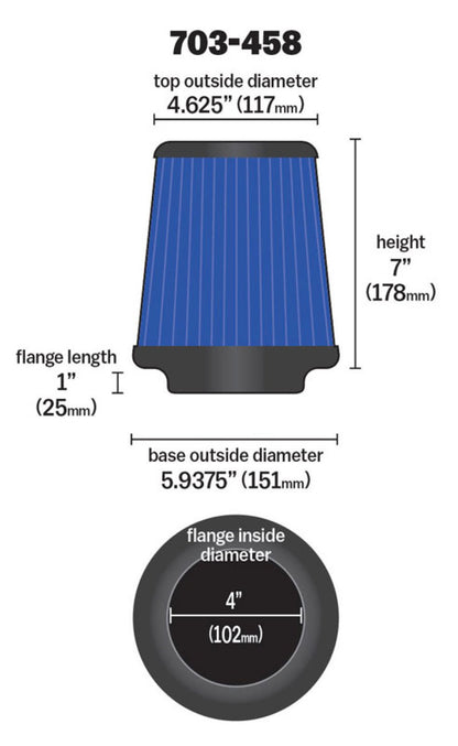 Airaid Universal Air Filter - Cone 4 x 7 x 4 5/8 x 7 w/ Short Flange - Blue SynthaMax