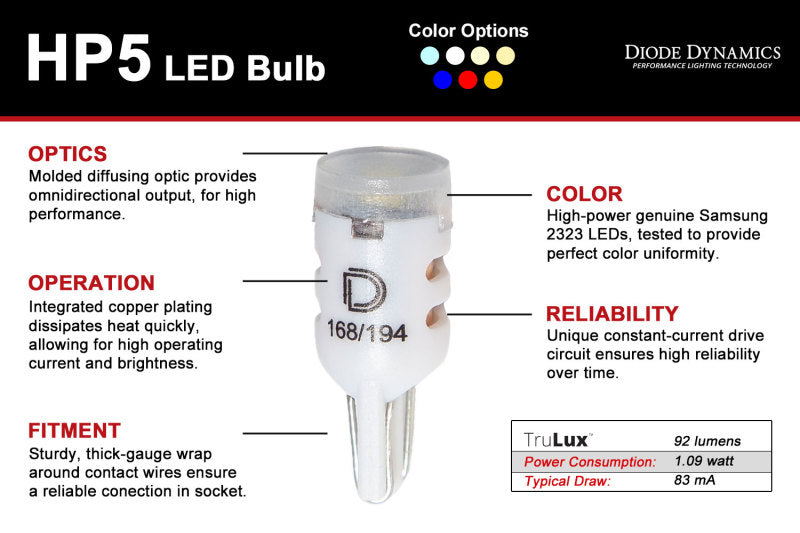 Diode Dynamics 194 LED Bulb HP5 LED - Red Short (Pair)