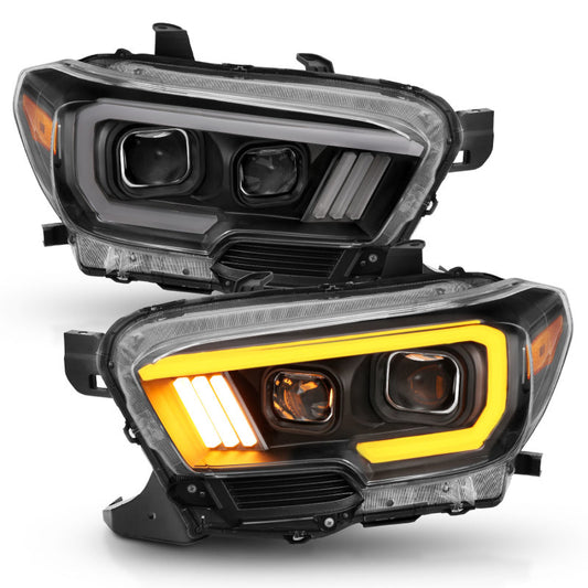 ANZO 2016-2017 Toyota Tacoma Projector Headlights w/ Plank Style Switchback Black w/ Amber w/ DRL