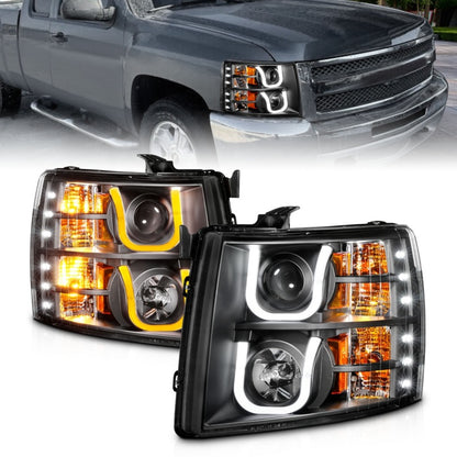 ANZO 2007-2013 Chevrolet Silverado 1500/2500 Projector Headlights w/ U-Bar Switchback Black w/ Amber