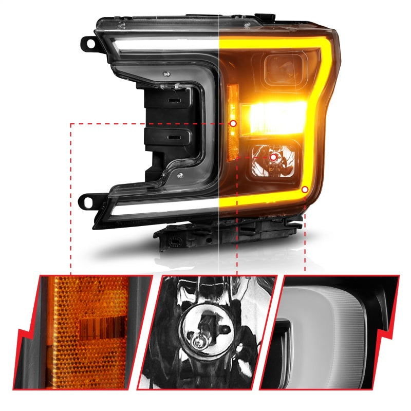 ANZO 2018-2020 Ford F-150 Projector Headlight w/ Plank Style Switchback Black Housing