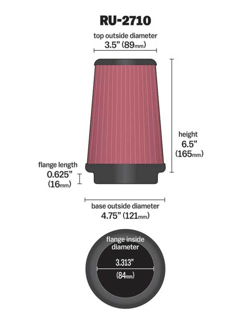 K&N Universal Rubber Filter Round Tprd 3.313in Flange ID x 4.75in Base OD x 3.5in Top OD x 6.5in H