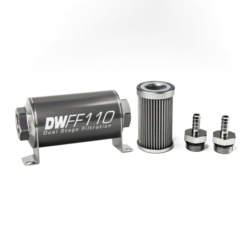 DeatschWerks Stainless Steel 5/16in 40 Micron Universal Inline Fuel Filter Housing Kit (110mm)