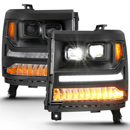 ANZO 16-18 Chevrolet Silverado 1500 LED Projector Headlights w/Plank Style Switchback Chrome w/Amber