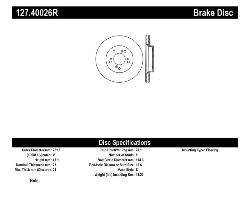 StopTech 97-01 Acura Integra Type R / 97-01 Honda CR-V Slotted & Drilled Right Front Rotor